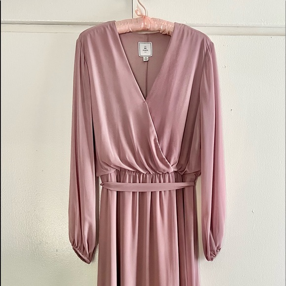 David's Bridal Dresses & Skirts - Dusty Rose, David’s Bridal Long Sleeve Chiffon Faux-Wrap Dress, Size 10